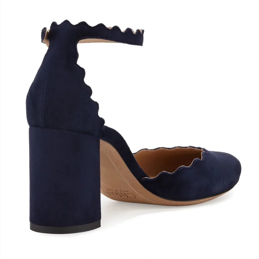 Chloé Navy Scalloped Suede Block Heel Pump